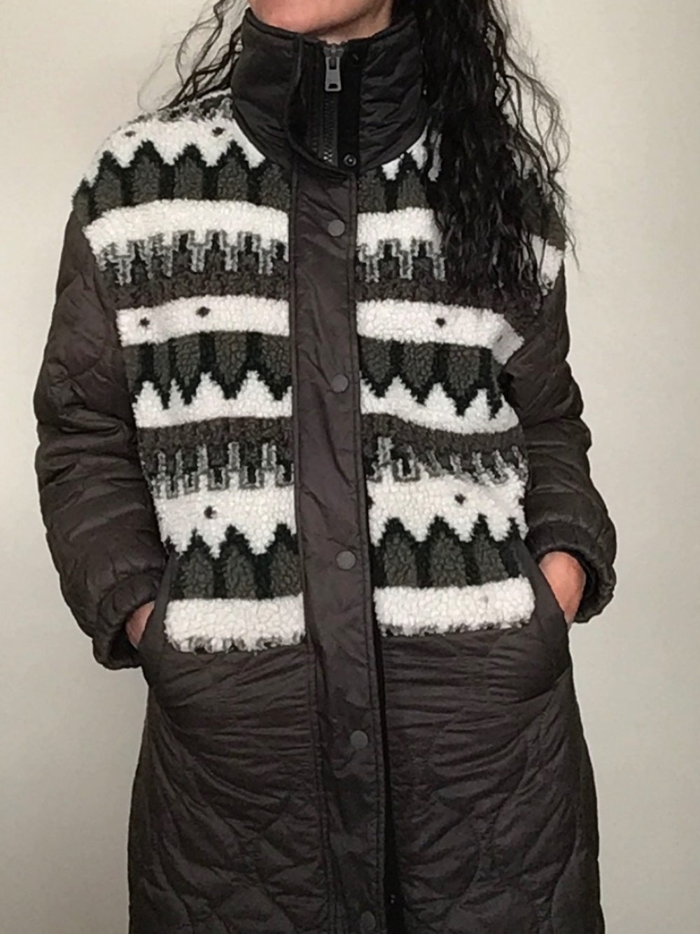 Roots Long Quilted Puffer Coat with Patterned Sherpa Yoke - Brown & Cream